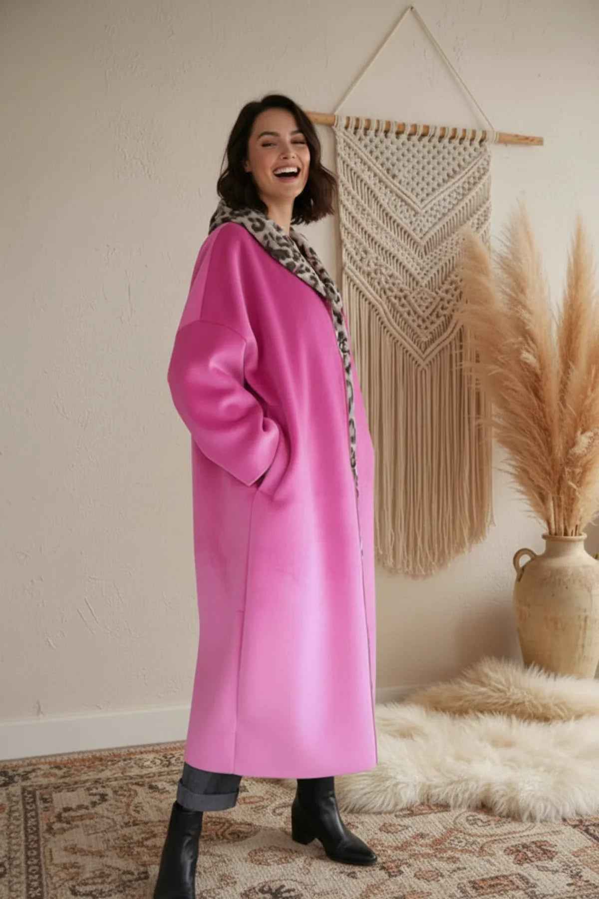 Mantel Brooklyn Star mit Kapuze und Leo-Muster Mantel Damen_Velour_Mantel_brooklyn_star_rosa Purplerose Fashion