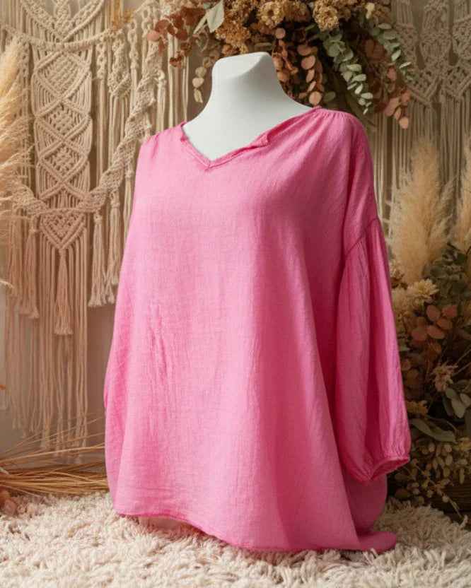 Leinenbluse Oversize Tunika Anna Bluse Damenbluse_V-Ausschnitt_aus_Leinen Purplerose Fashion
