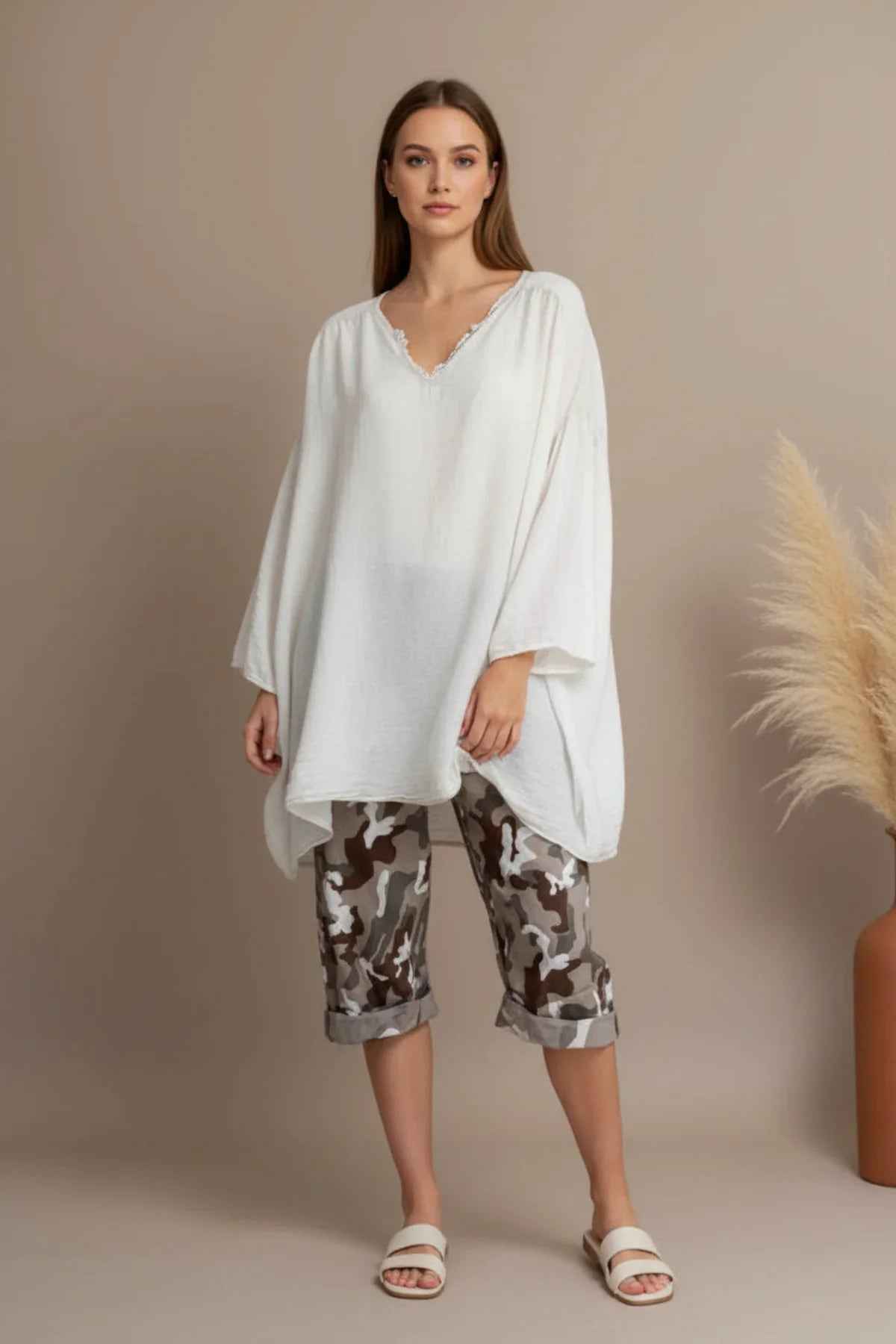 Leinenbluse Oversize Tunika Anna Bluse Leinenbluse_Oversize_V-Ausschnitt_Beige Purplerose Fashion