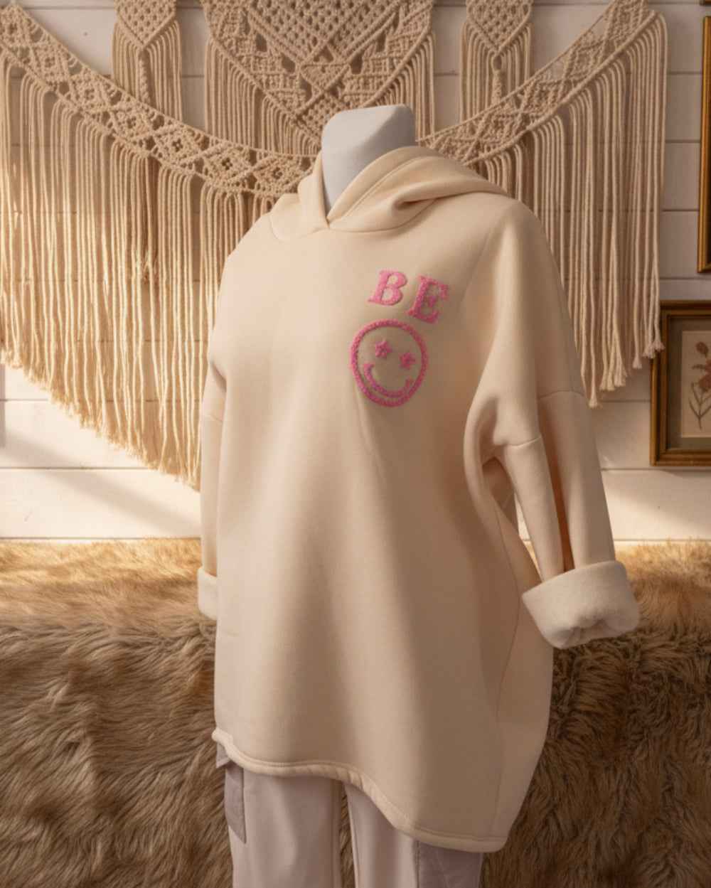 gemütlicher Oversize Long-Hoodie Smiley Sweatshirt Oversize_Hoodie_mit_Smiley Purplerose Fashion