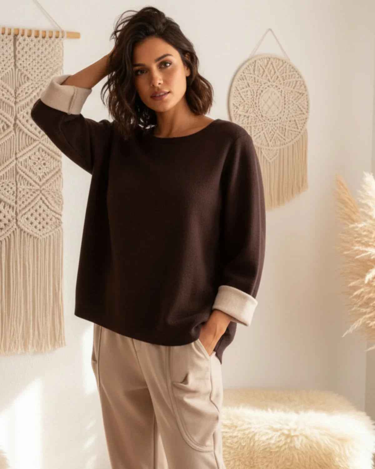 Feinstrick Pulli 2 Farben Pullover Rundhals_Feinstrick-Pulli_beige_braun Purplerose Fashion