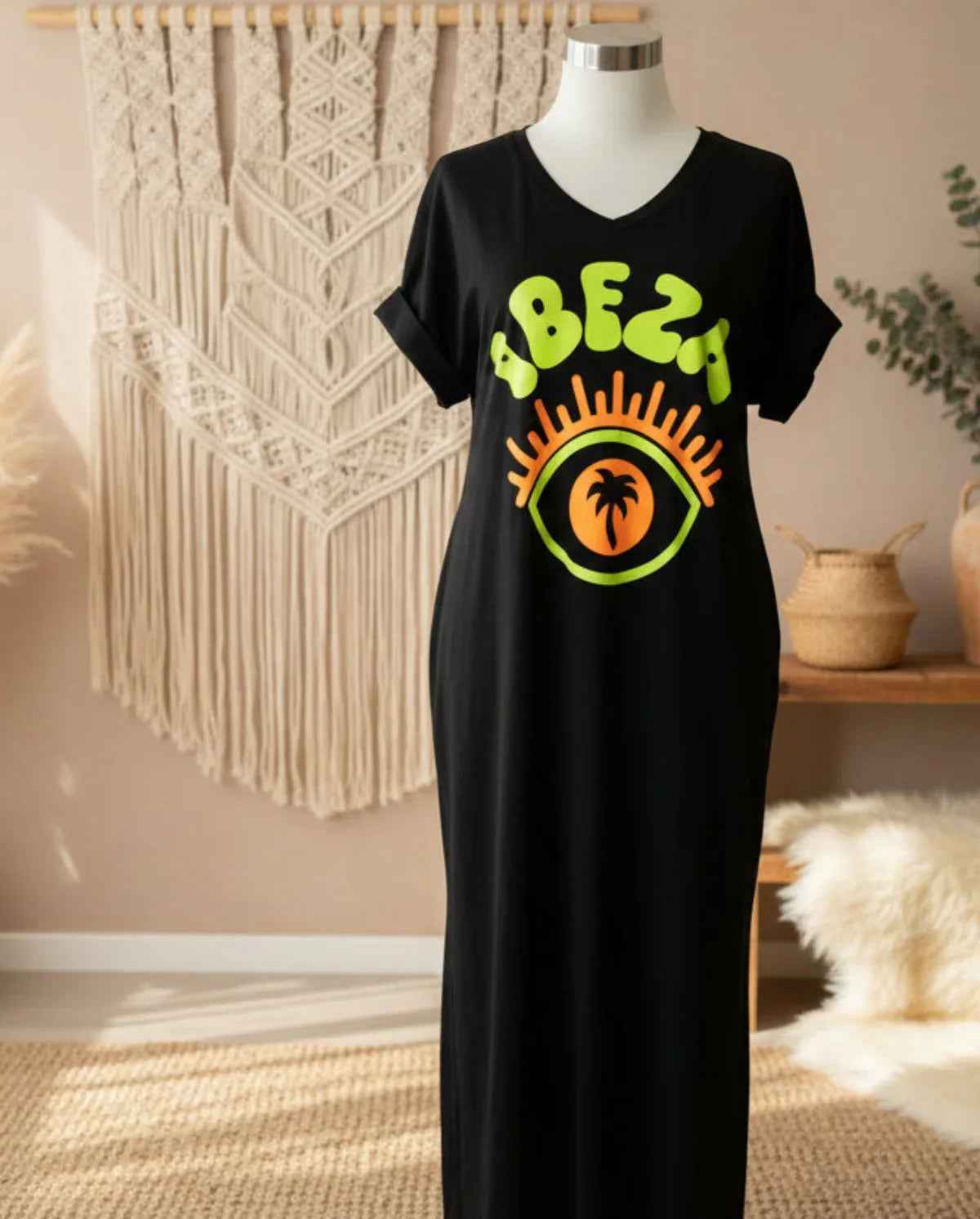 Shirtkleid Maxikleid Ibiza Kleid sommerkleid_v-ausschnitt_schwarz Purplerose Fashion