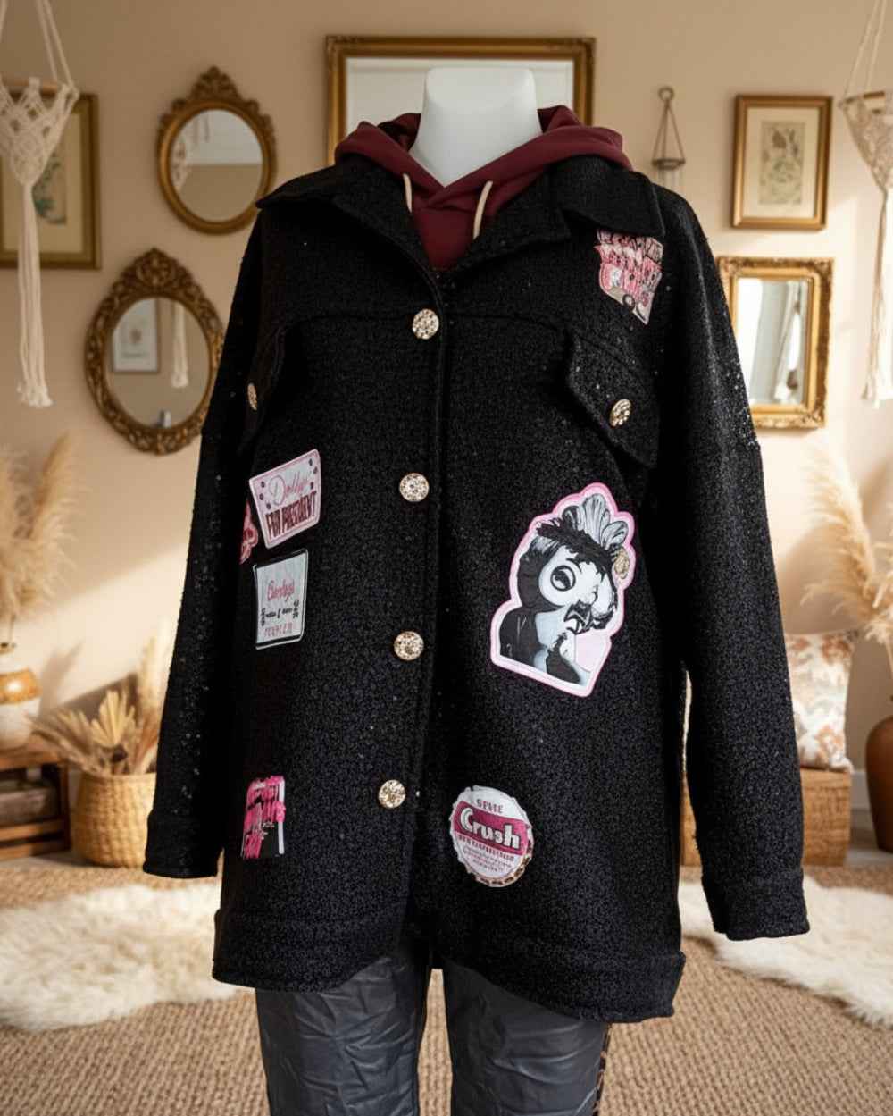 Bouclé Jacke zum Knöpfen aufgenähte Patches Jacke Boucl_Jacke_mit_Aufn_hern Purplerose Fashion