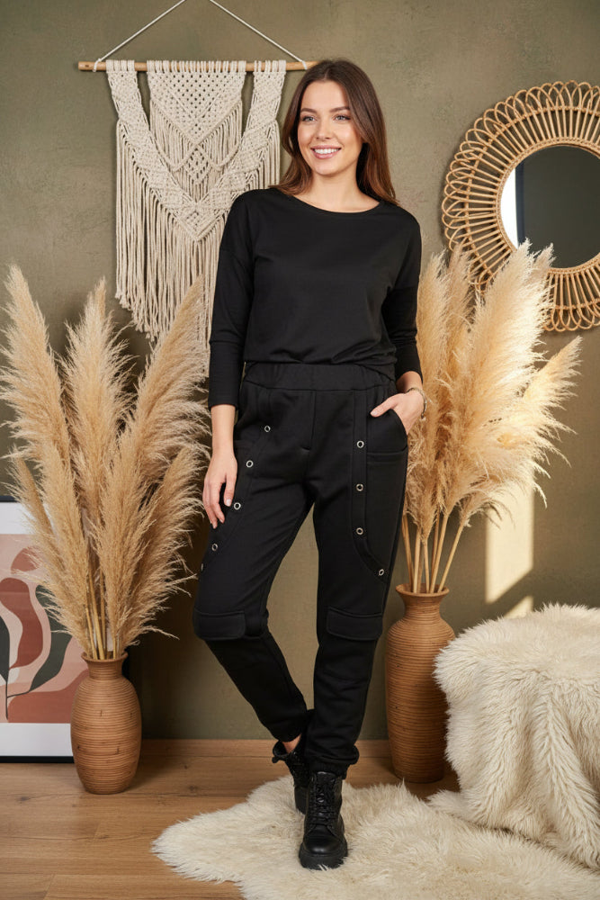 Stylische Baggy Cargohose Hose Cargo_Baggyhose_schwarz_mit_Nieten Purplerose Fashion