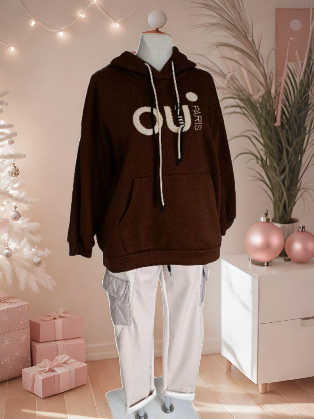 Damen Hoodie Oui Paris Braun mit Kapuze 