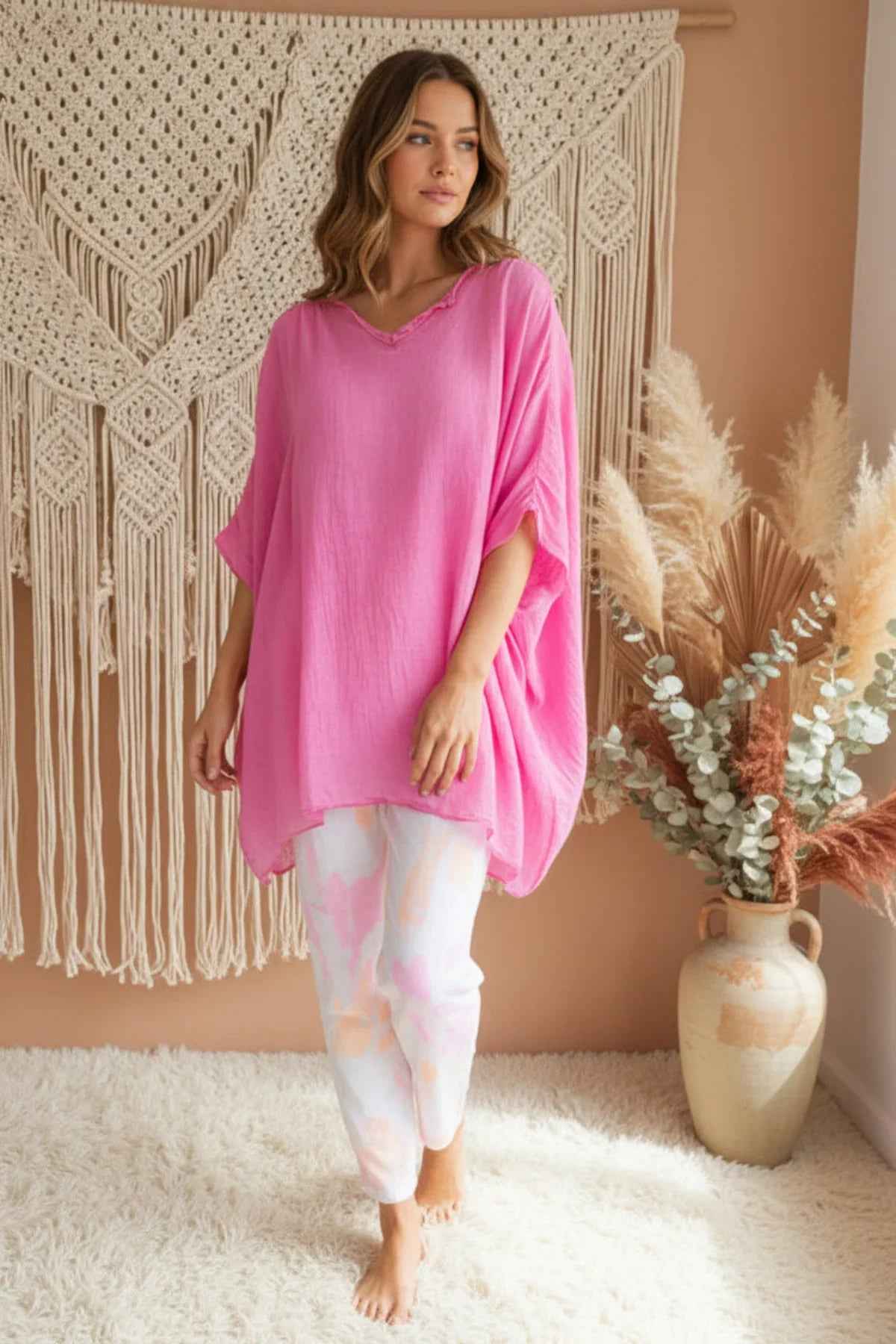 Leinenbluse Oversize Tunika Anna Bluse Leinenbluse_Oversize_V-Ausschnitt_Rosa Purplerose Fashion