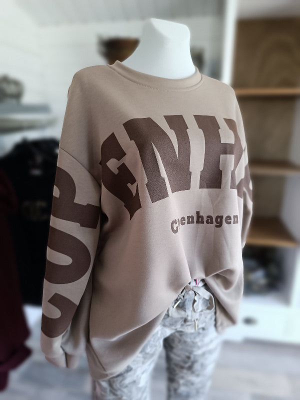 Sweatshirt für Damen mit Print Copenhagen. Farbe Taupe. Printfarbe Braun. Leicht fließender Stoff. Glatte Bündchen an Hals und Ärmeln. AA ca. 66 cm, passend bis Größe 44. Armlänge ab Schulternaht ca. 46 cm. Länge vorn ca. 68 cm, hinten ca. 78 cm. Material 50% Polyamid, 42% Viskose, 8% Elasthan.